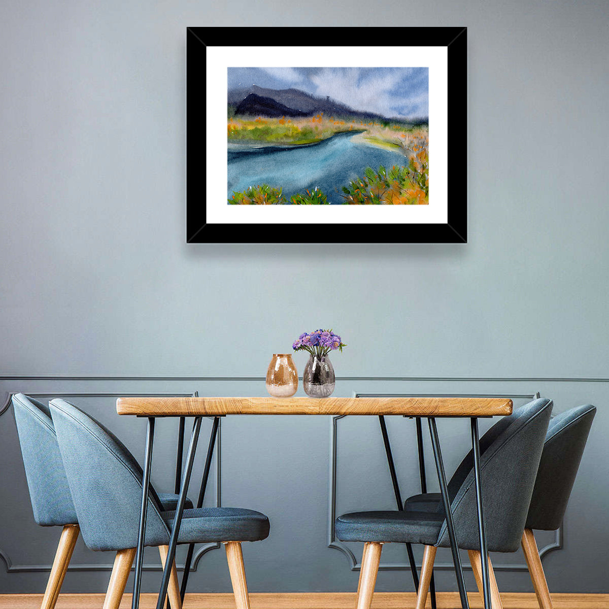 Misty Autumn River and Mountain Landscape Wall Art in a room, landscape