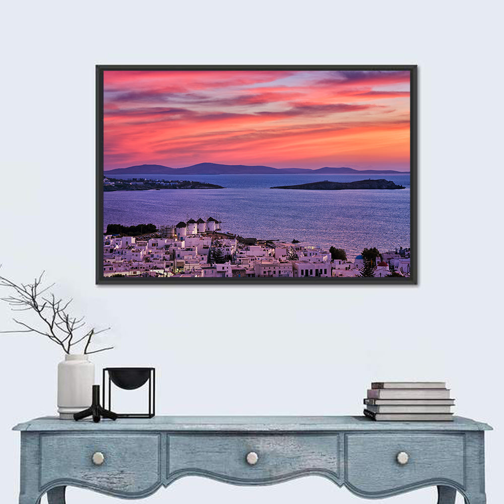 Mykonos Windmills at Sunset Wall Art in a room, landscape