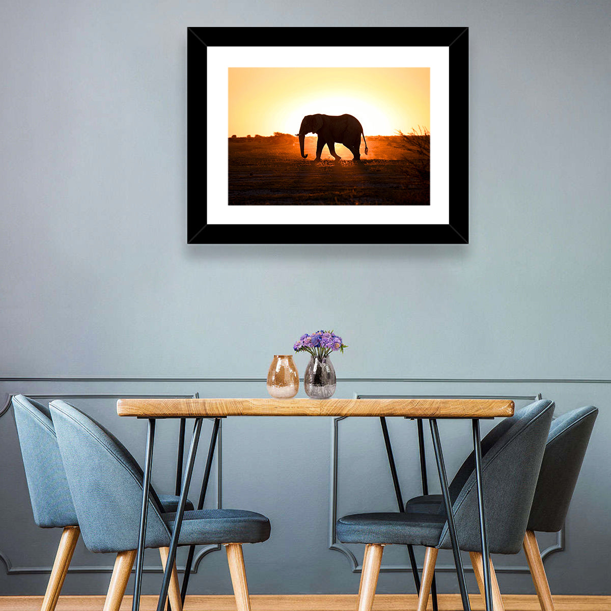 Golden Hour Elephant Silhouette Wall Art in a room, landscape