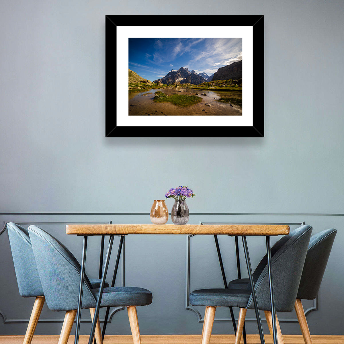 La Meije Alpine Lake and Stone Hut Wall Art in a room, landscape