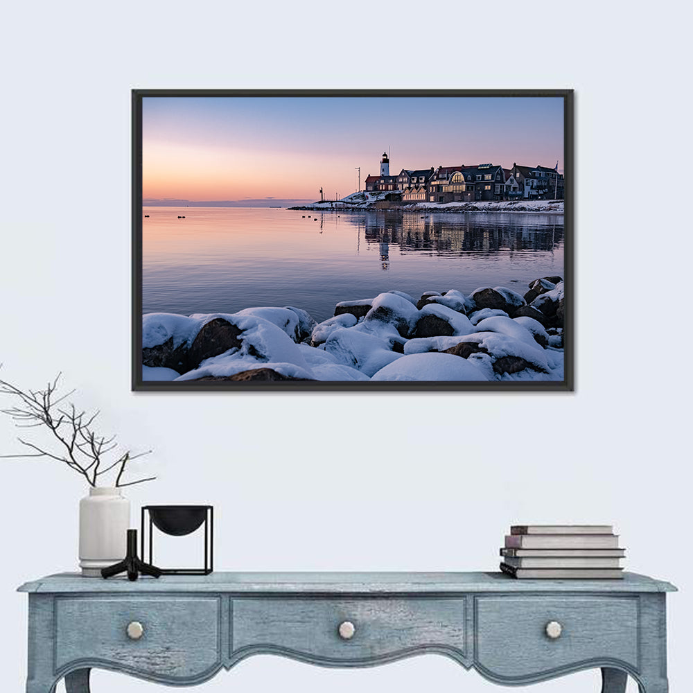Urk Lighthouse Winter Twilight Harbor Wall Art in a room, landscape