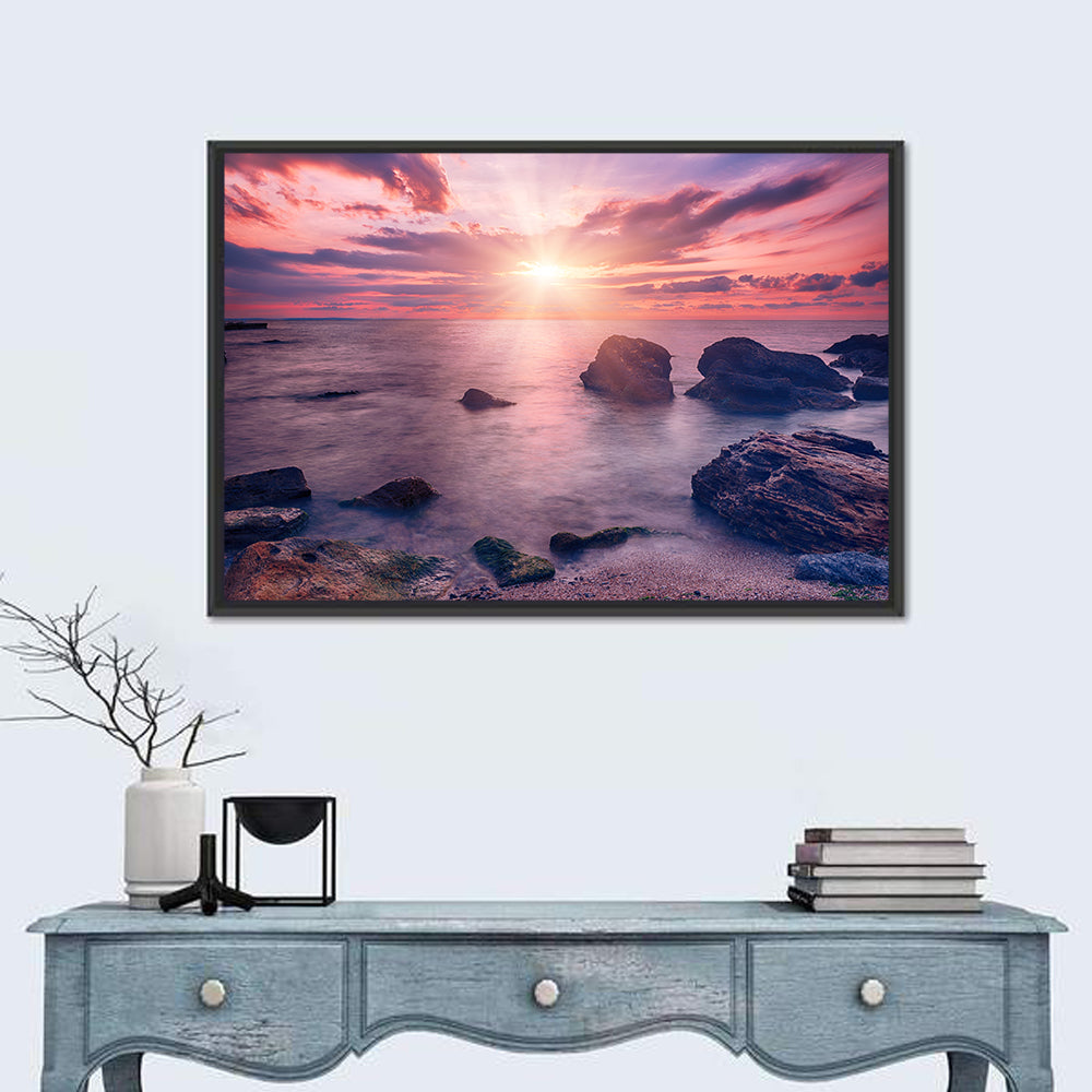 Ethereal Sea Sunrise Wall Art in a room, landscape