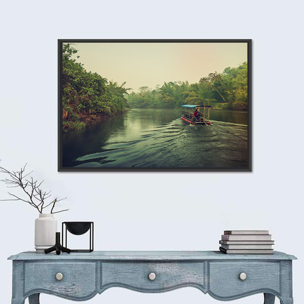 Misty Long-tail Boat on River Kwai Wall Art in a room, landscape