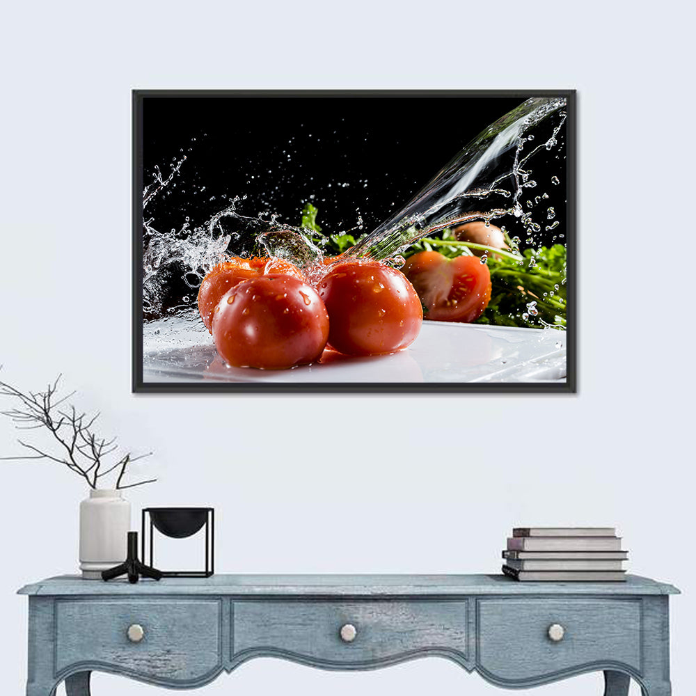 Tomatoes with Water Splash Wall Art in a room, landscape