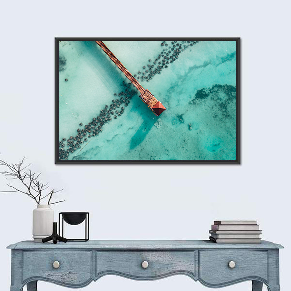 Aerial Red Pier Over Turquoise Water Wall Art in a room, landscape