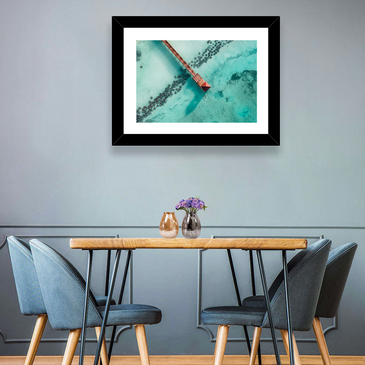 Aerial Red Pier Over Turquoise Water Wall Art in a room, landscape