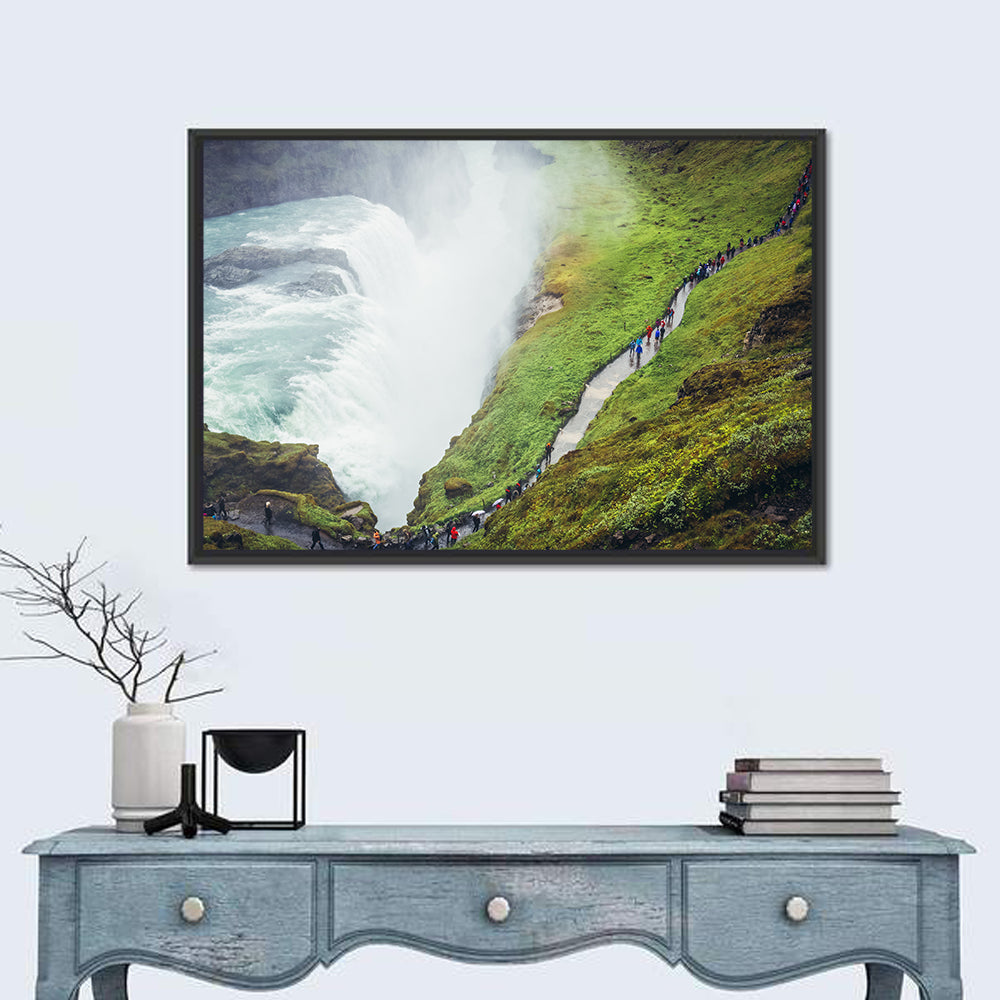 Misty Path at Gullfoss Waterfall Wall Art in a room, landscape