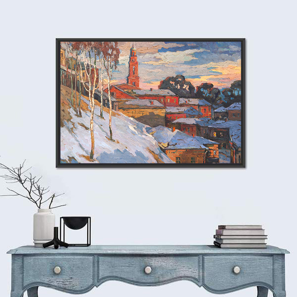 Snowy Village with Church Tower Wall Art
