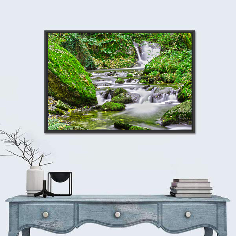 Mossy Forest Stream Wall Art in a room, landscape