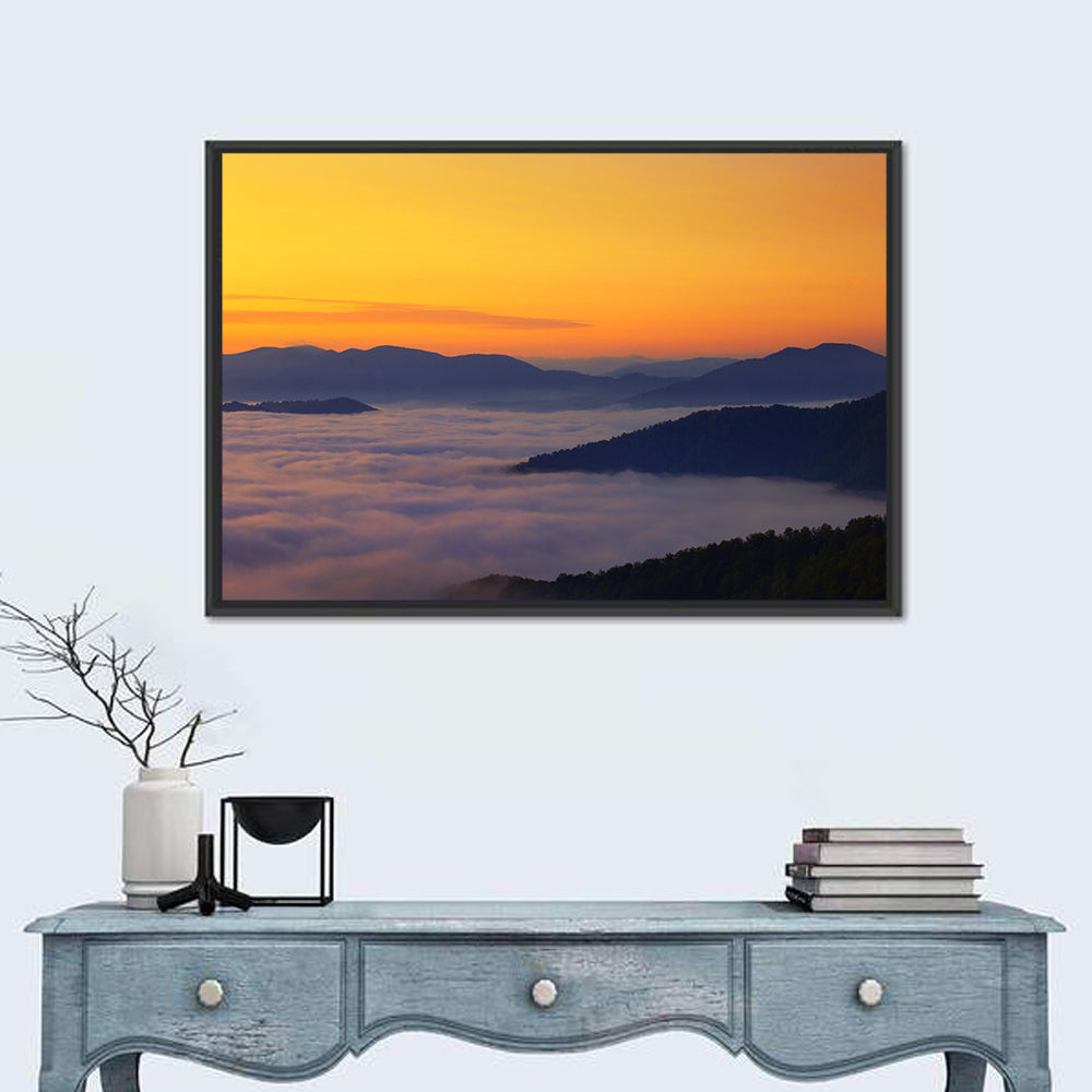 Cloud Sea Over Mountains at Golden Dawn Wall Art in a room, landscape