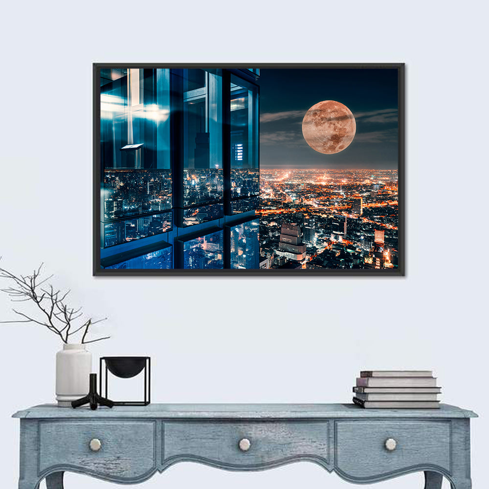 Bangkok Moonlit Skyline Wall Art in a room, landscape
