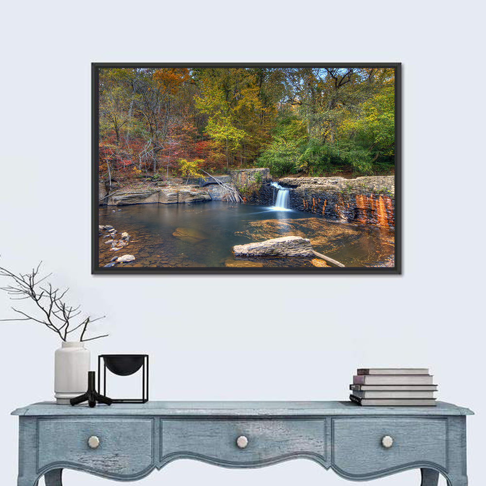 Freeman Mill Stone Dam Pond Wall Art in a room, landscape