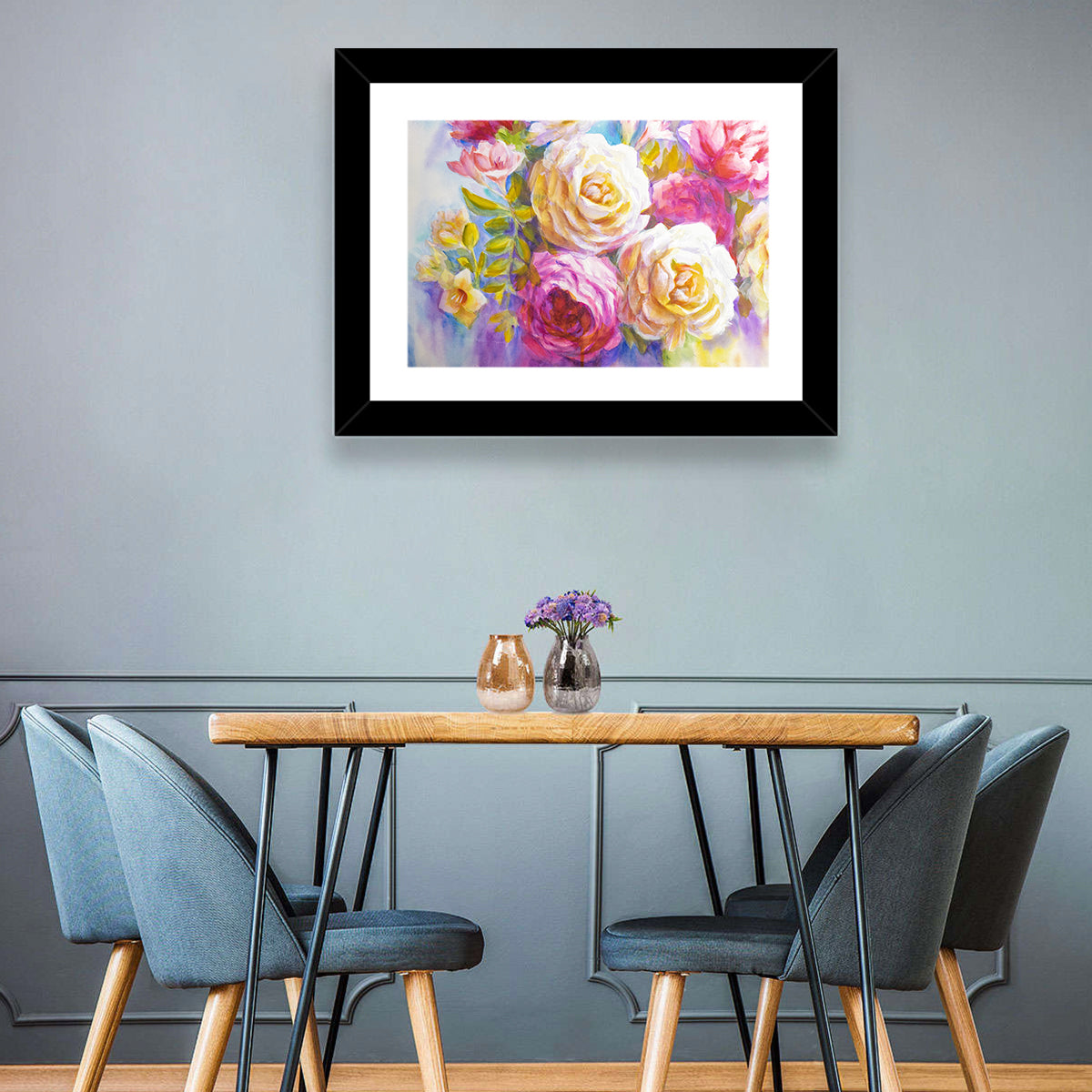 Layered Watercolor Rose Bouquet Wall Art in a room, landscape