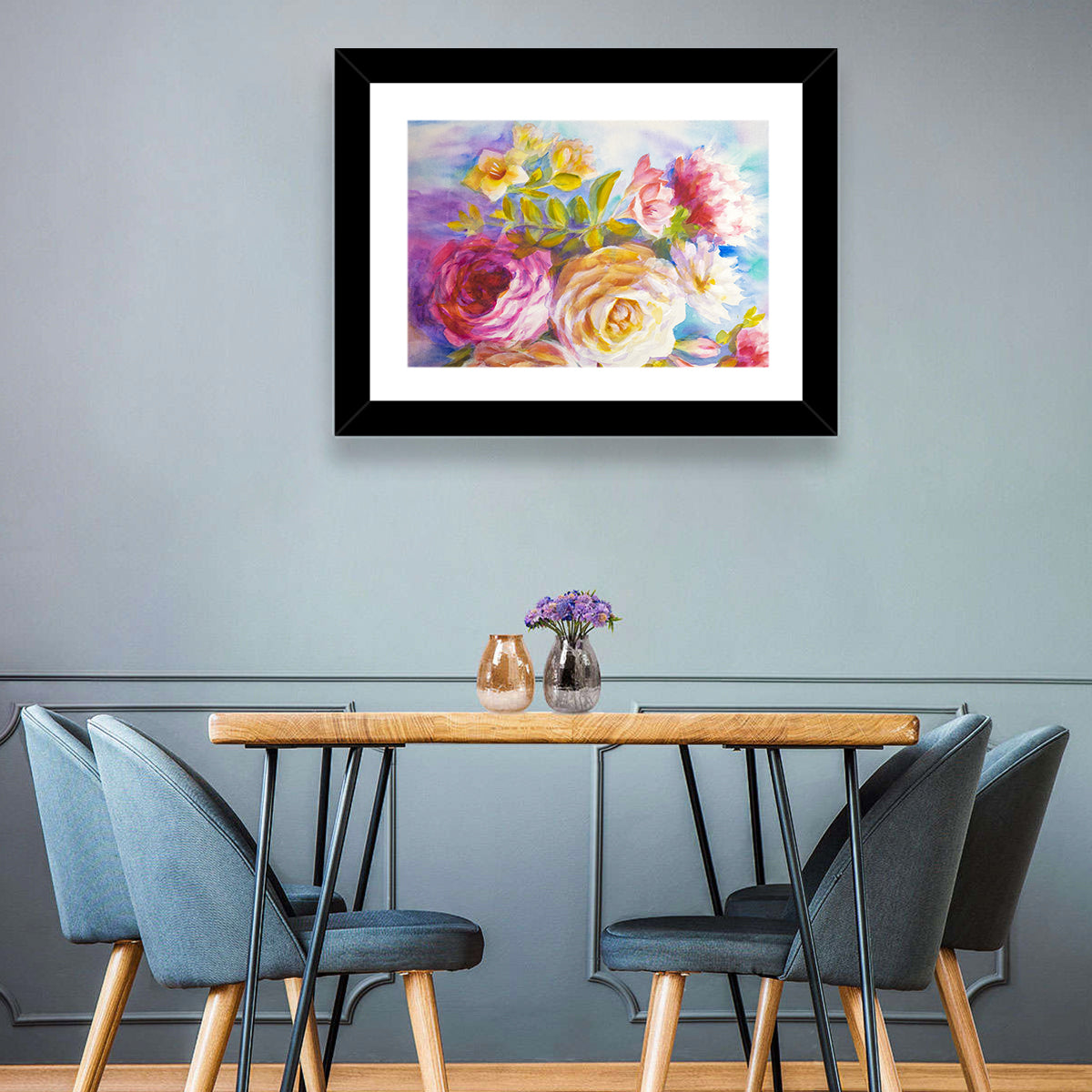 Painterly Peonies and Rose Bouquet Wall Art in a room, landscape