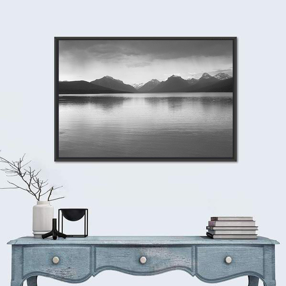 Lake Mcdonald Monochrome Reflection Wall Art in a room, landscape