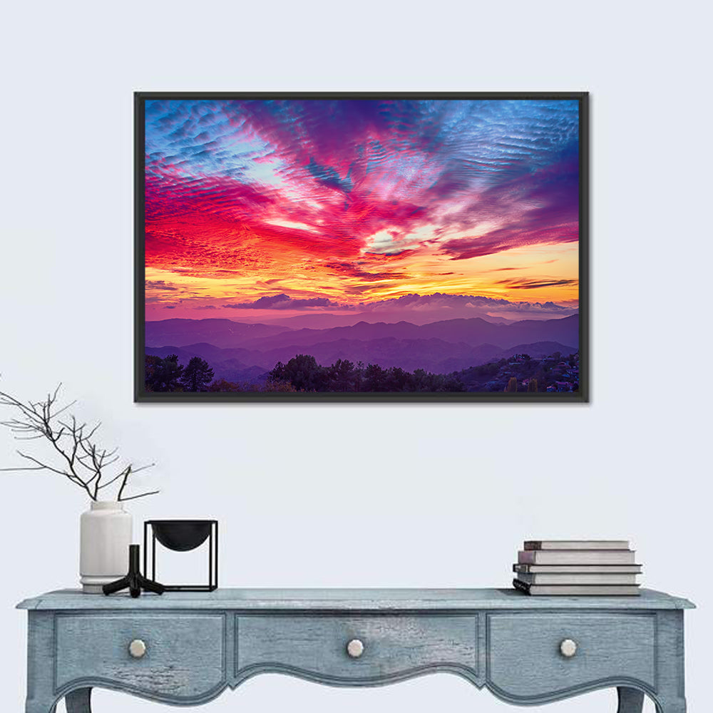 Golden Dusk Cloud Mountains Wall Art in a room, landscape