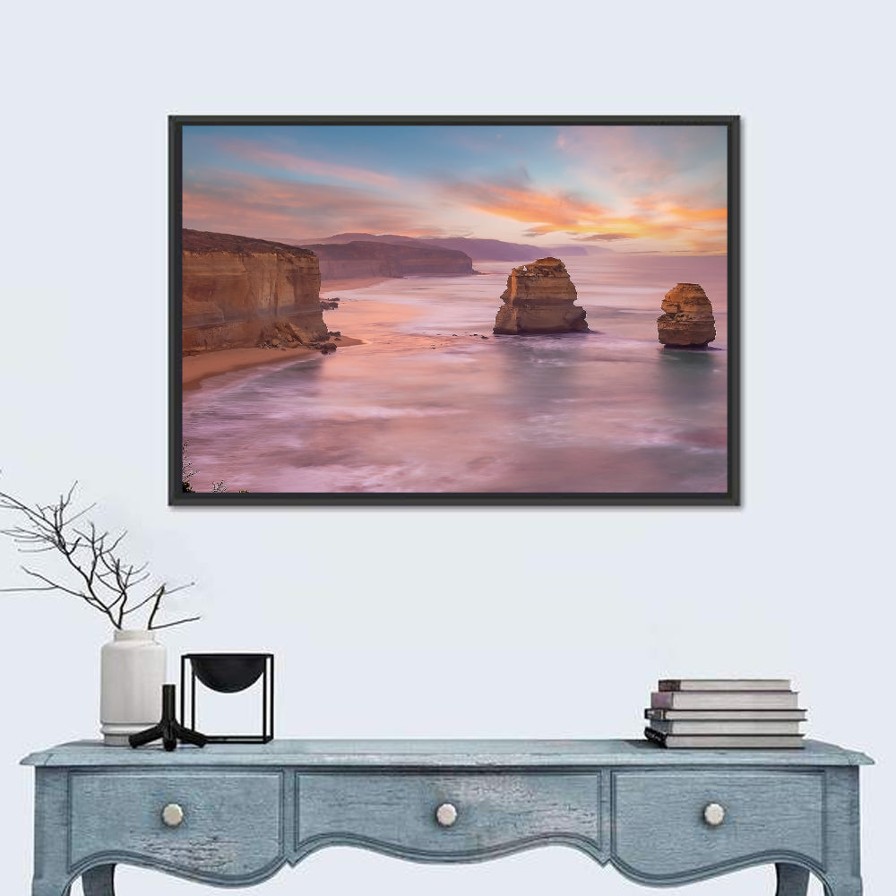 Twelve Apostles Sunset Sea Stacks Wall Art in a room, landscape