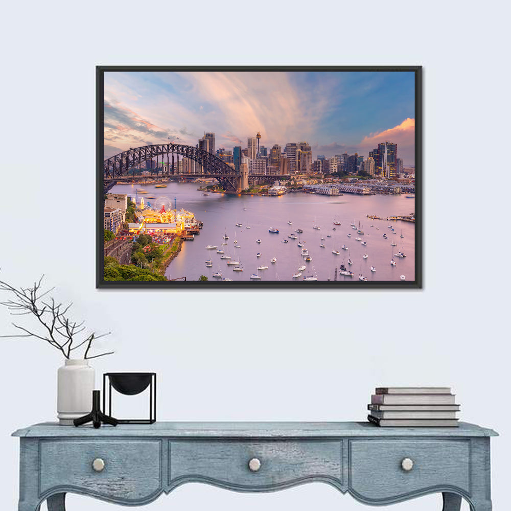 Sydney Harbour Bridge at Golden Twilight Wall Art in a room, landscape