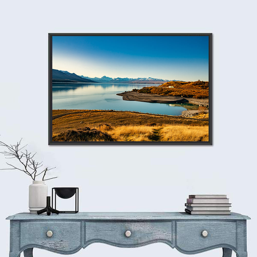 Lake Pukaki Golden Hour with Mount Cook Wall Art in a room, landscape