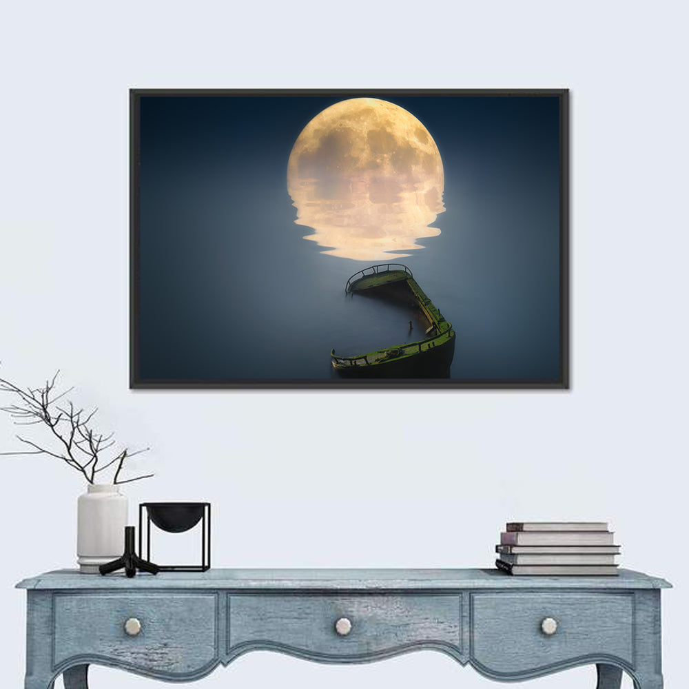 Moonlit Shipwreck Reflection Wall Art in a room, landscape