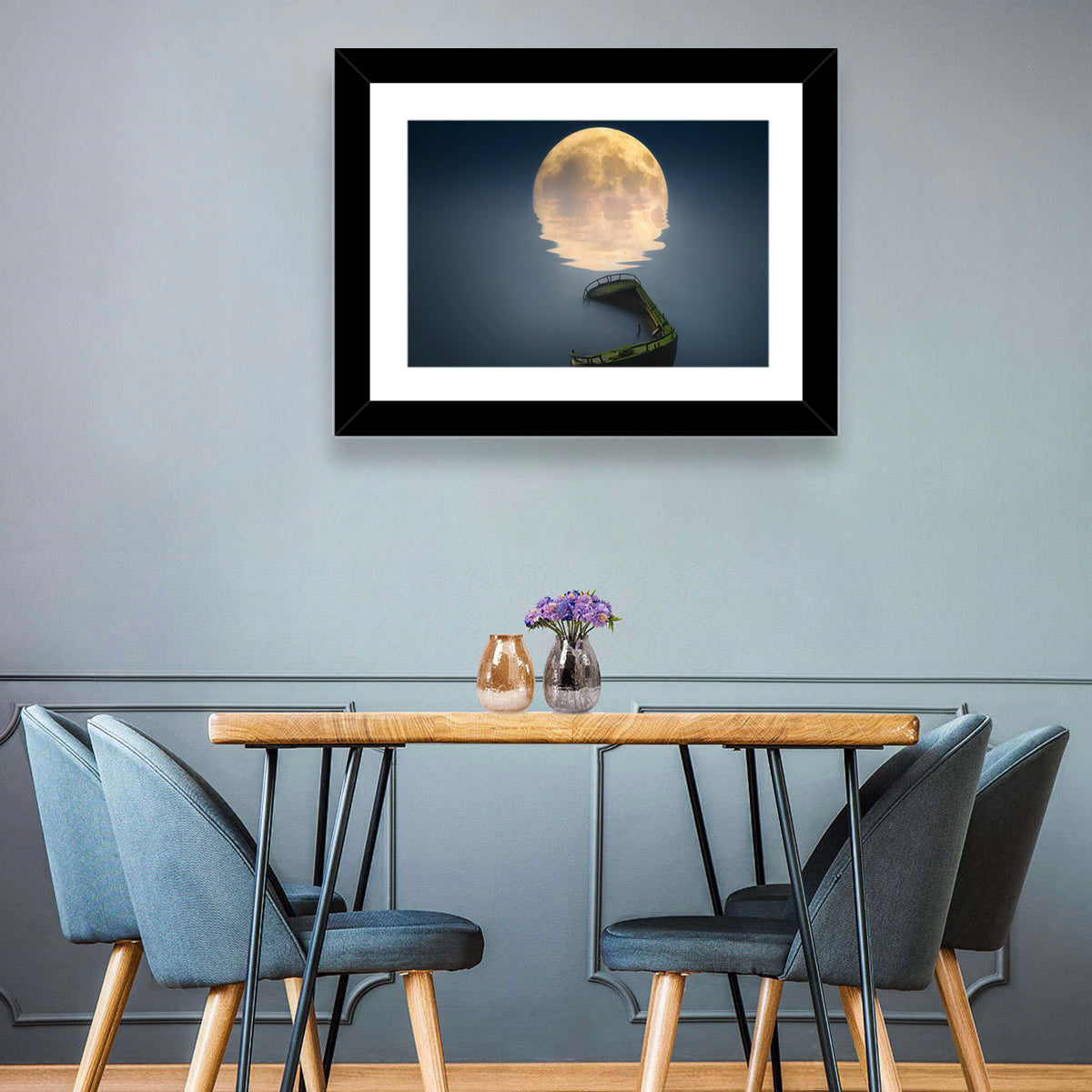 Moonlit Shipwreck Reflection Wall Art in a room, landscape
