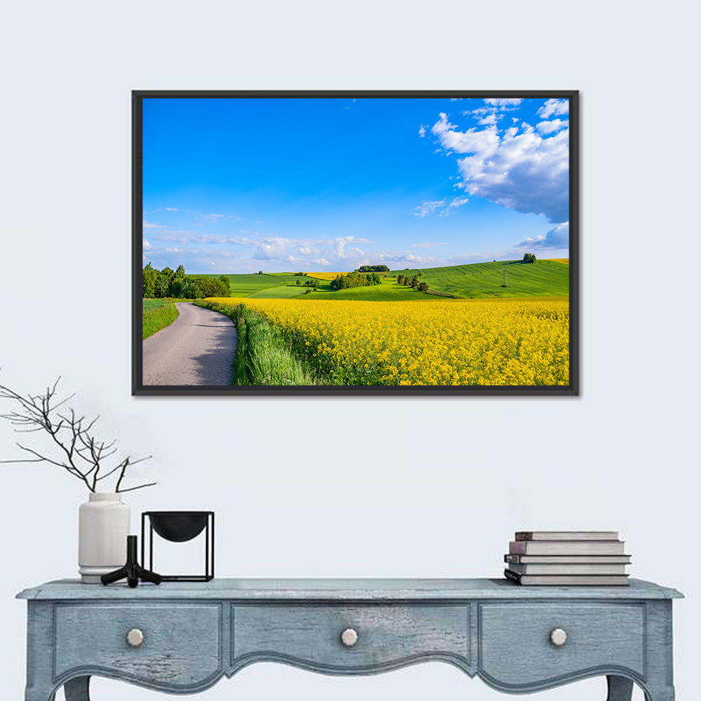 Rapeseed Field Road Under Blue Sky Wall Art