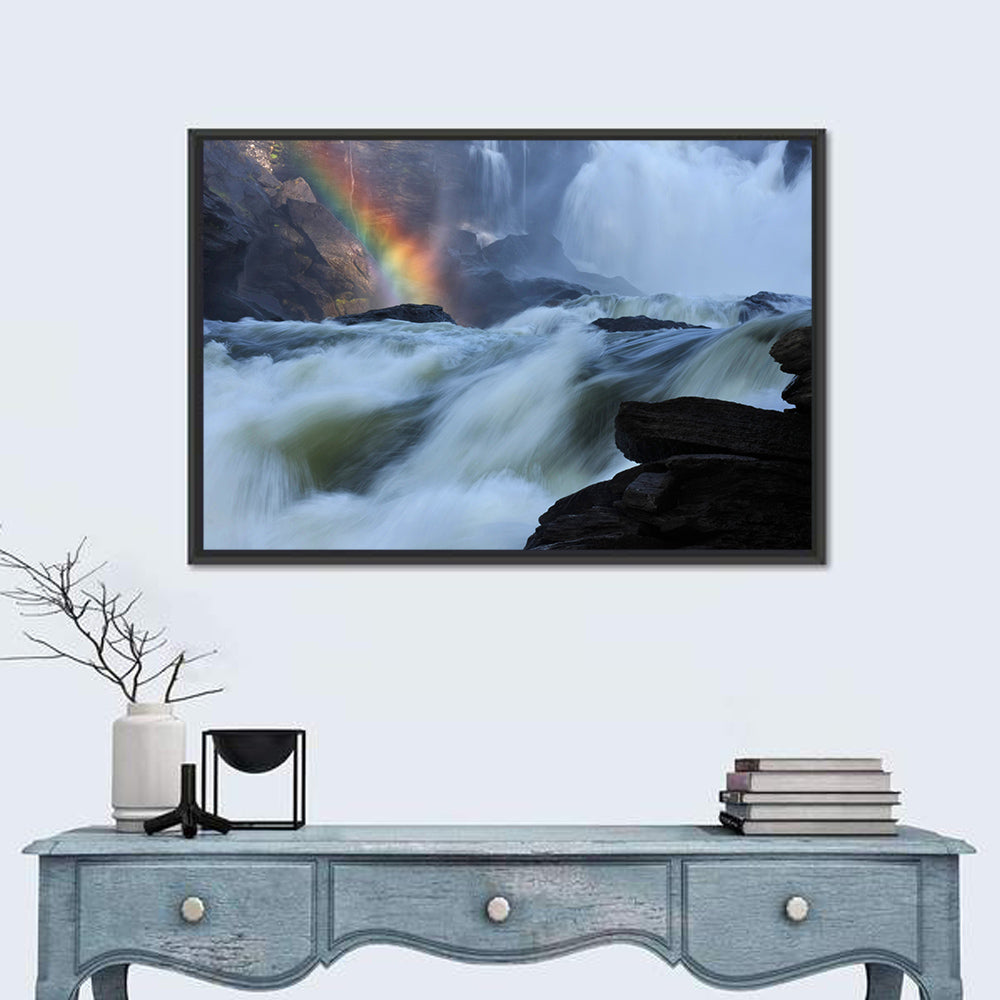 Rainbow Over Rushing River Wall Art in a room, landscape