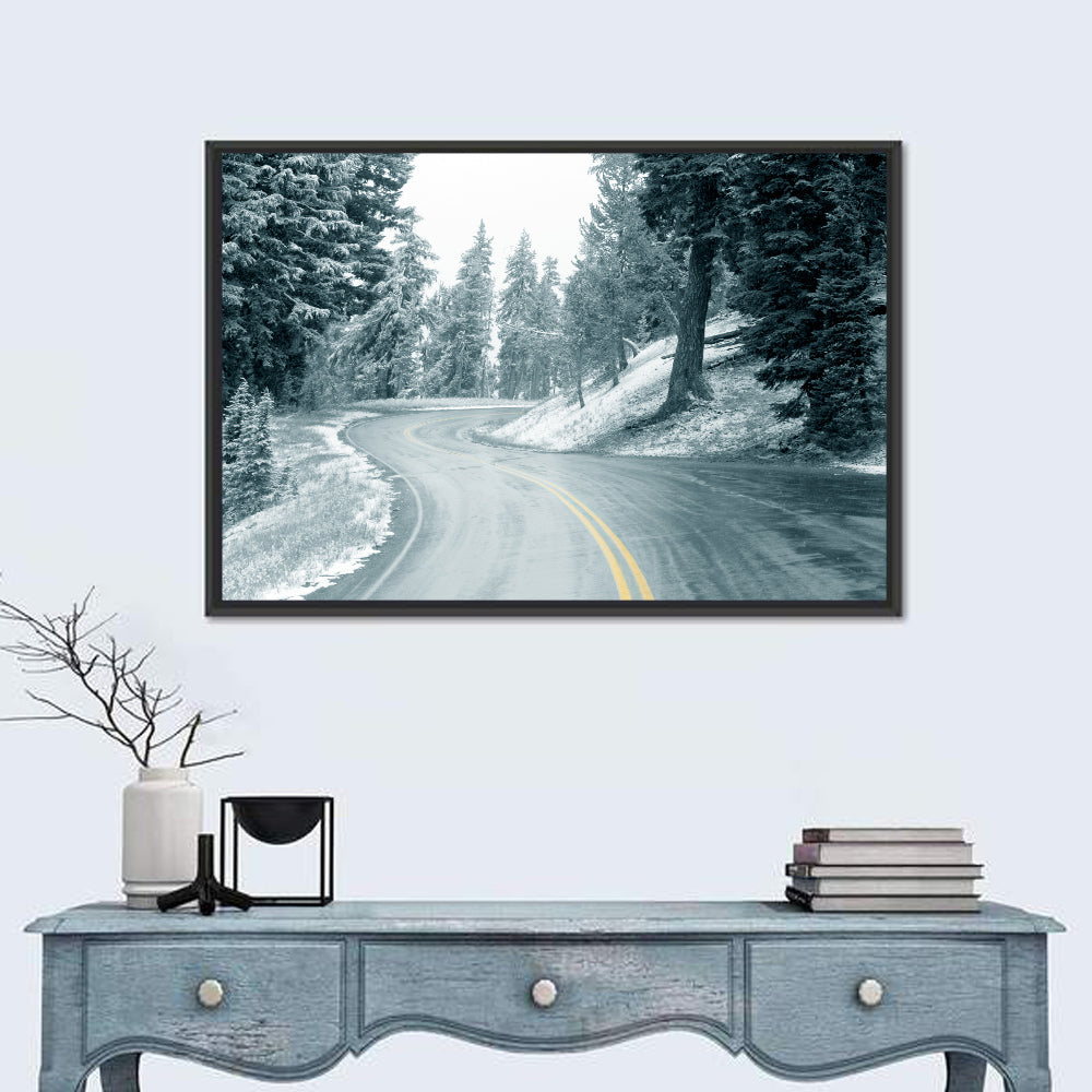 Winding Snowy Highway Wall Art in a room, landscape