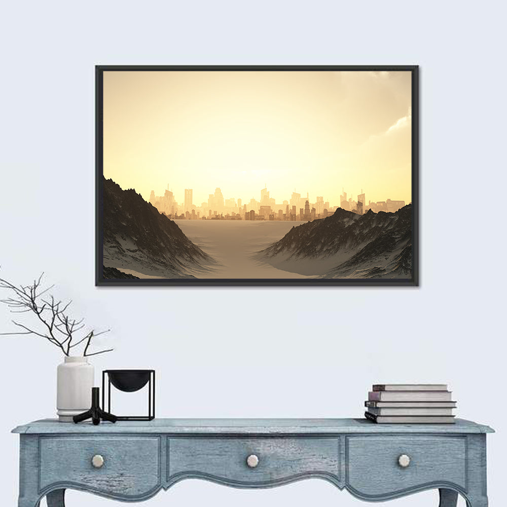 Futuristic City Sunset Wall Art in a room, landscape