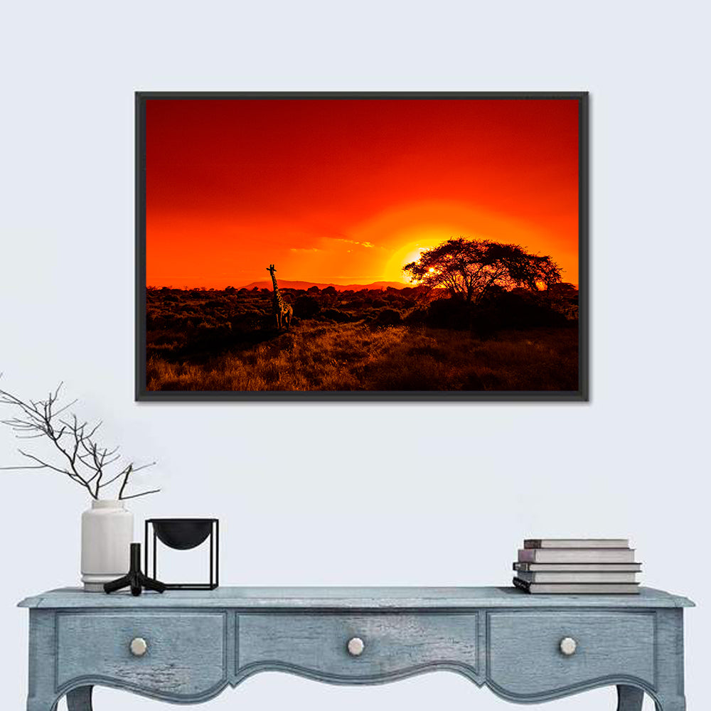 Savanna Sunset with Giraffe Wall Art in a room, landscape