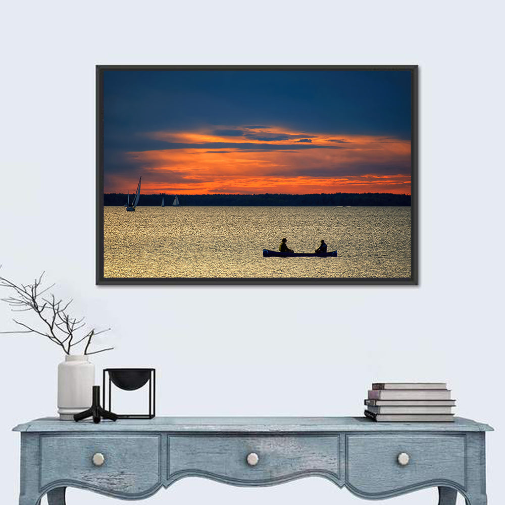 Ottawa River Sunset Canoe Wall Art in a room, landscape