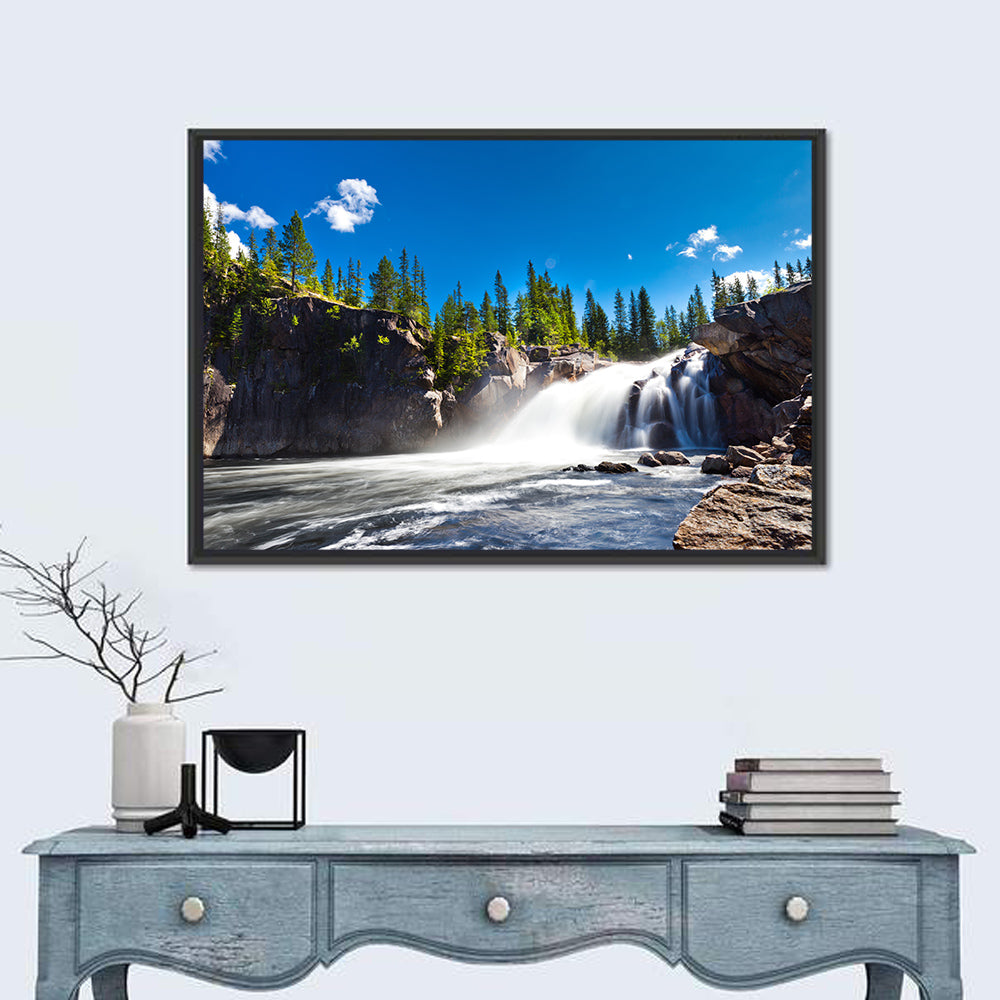 Misty Blue Waterfall Wall Art in a room, landscape