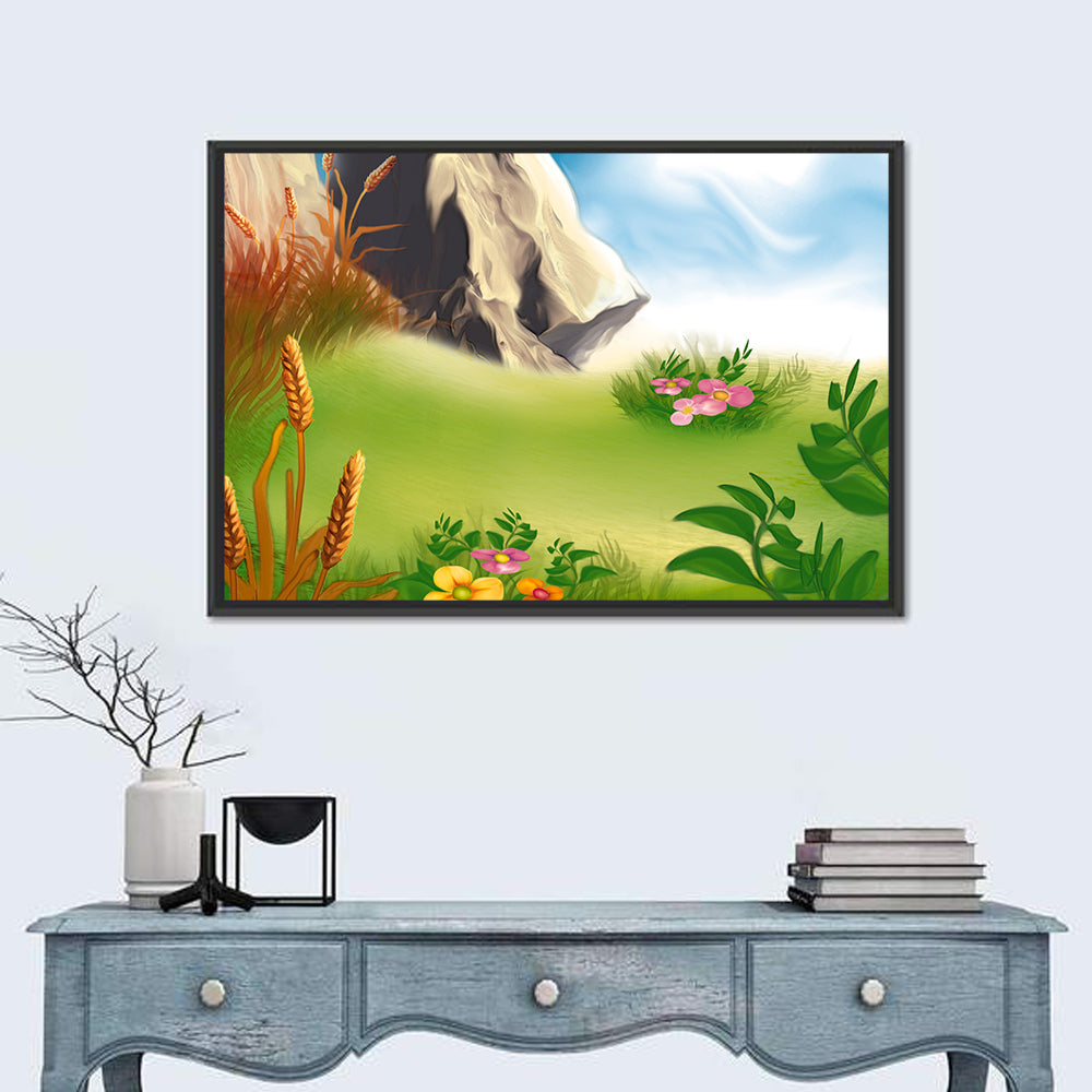 Sunny Mountain Meadow Illustration Wall Art