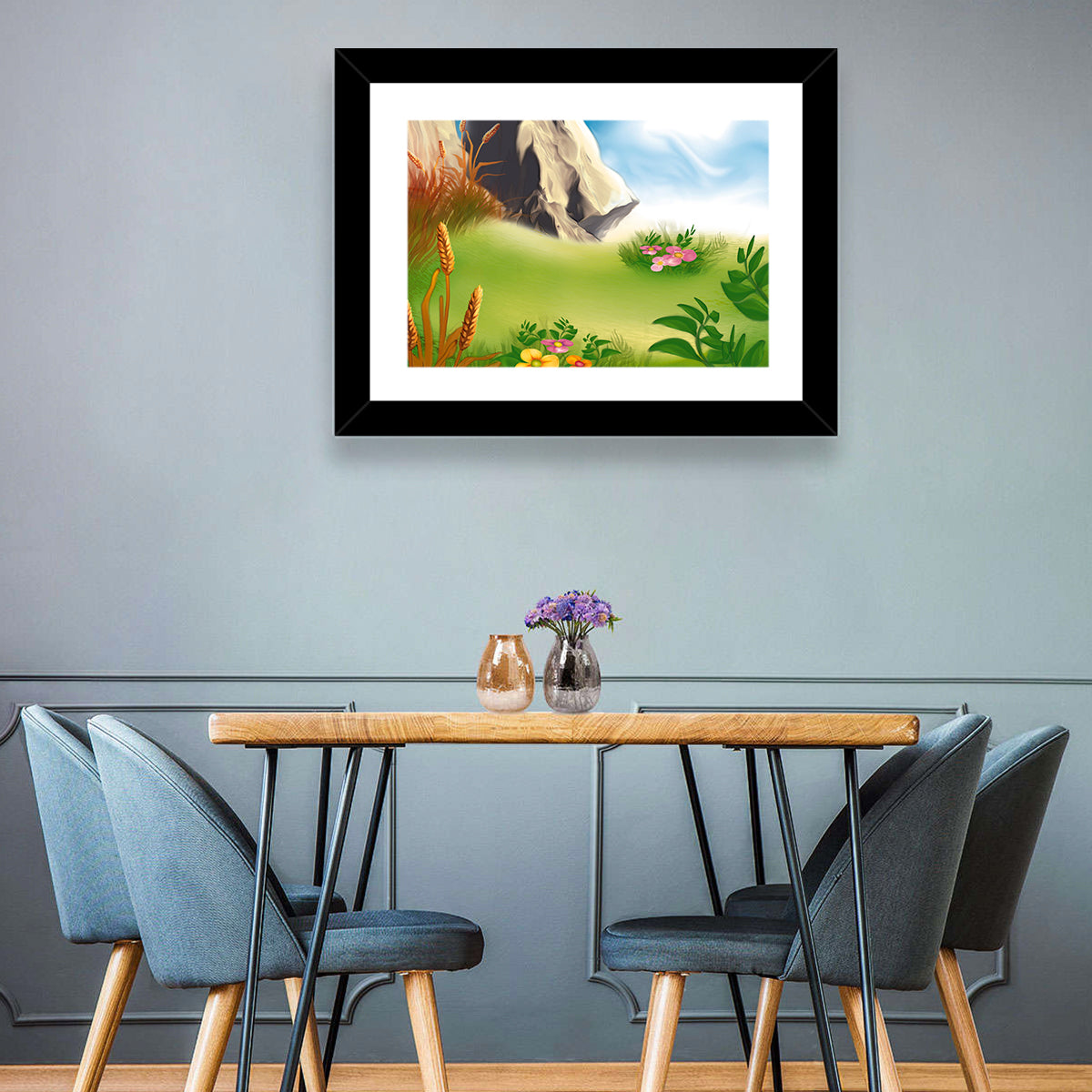 Sunny Mountain Meadow Illustration Wall Art in a room, landscape