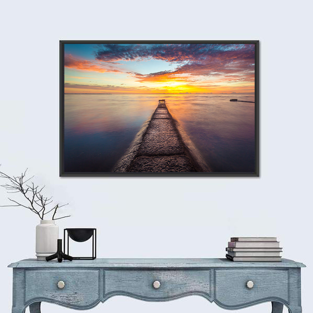 Stone Pier to Glowing Horizon Wall Art in a room, landscape