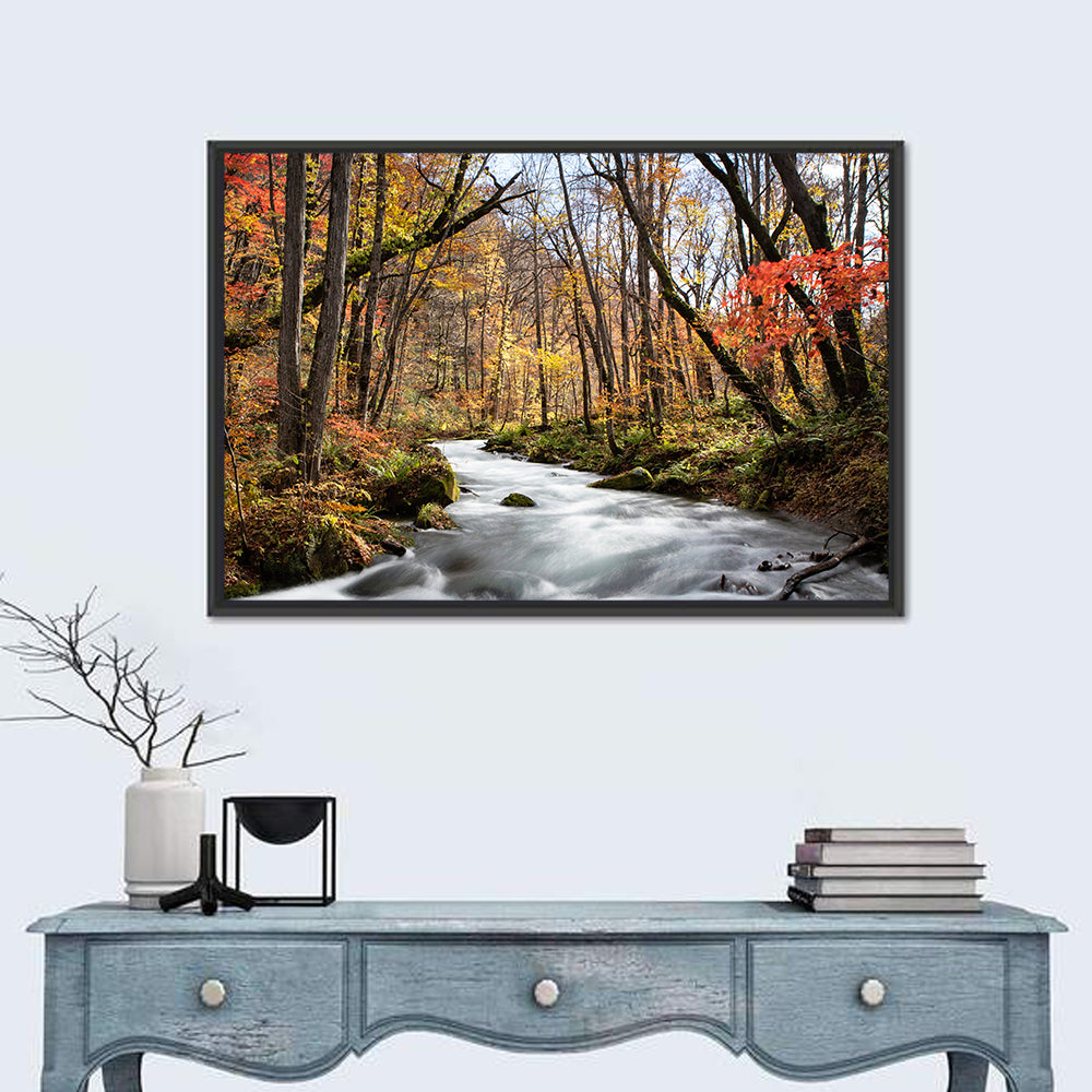 Sunlit Forest Stream Wall Art in a room, landscape