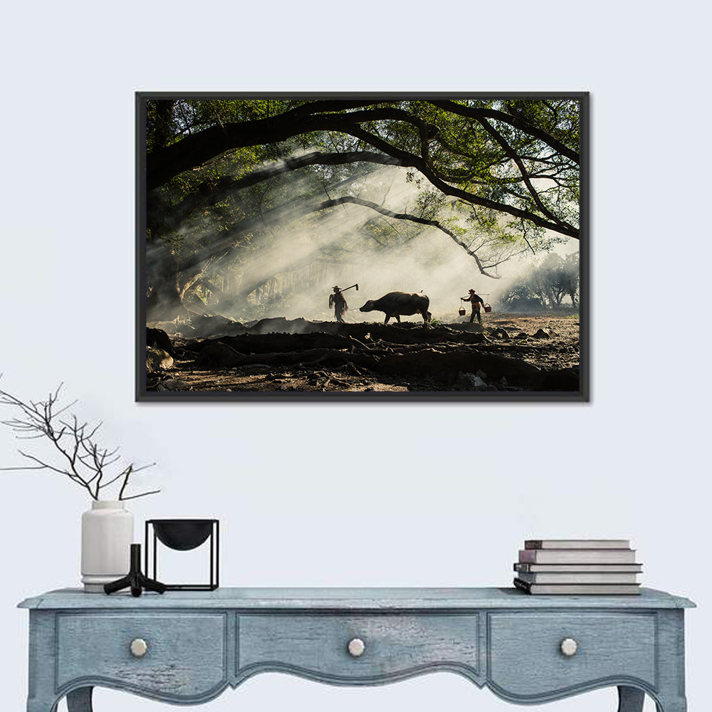 Village Morning with Buffalo Wall Art in a room, landscape