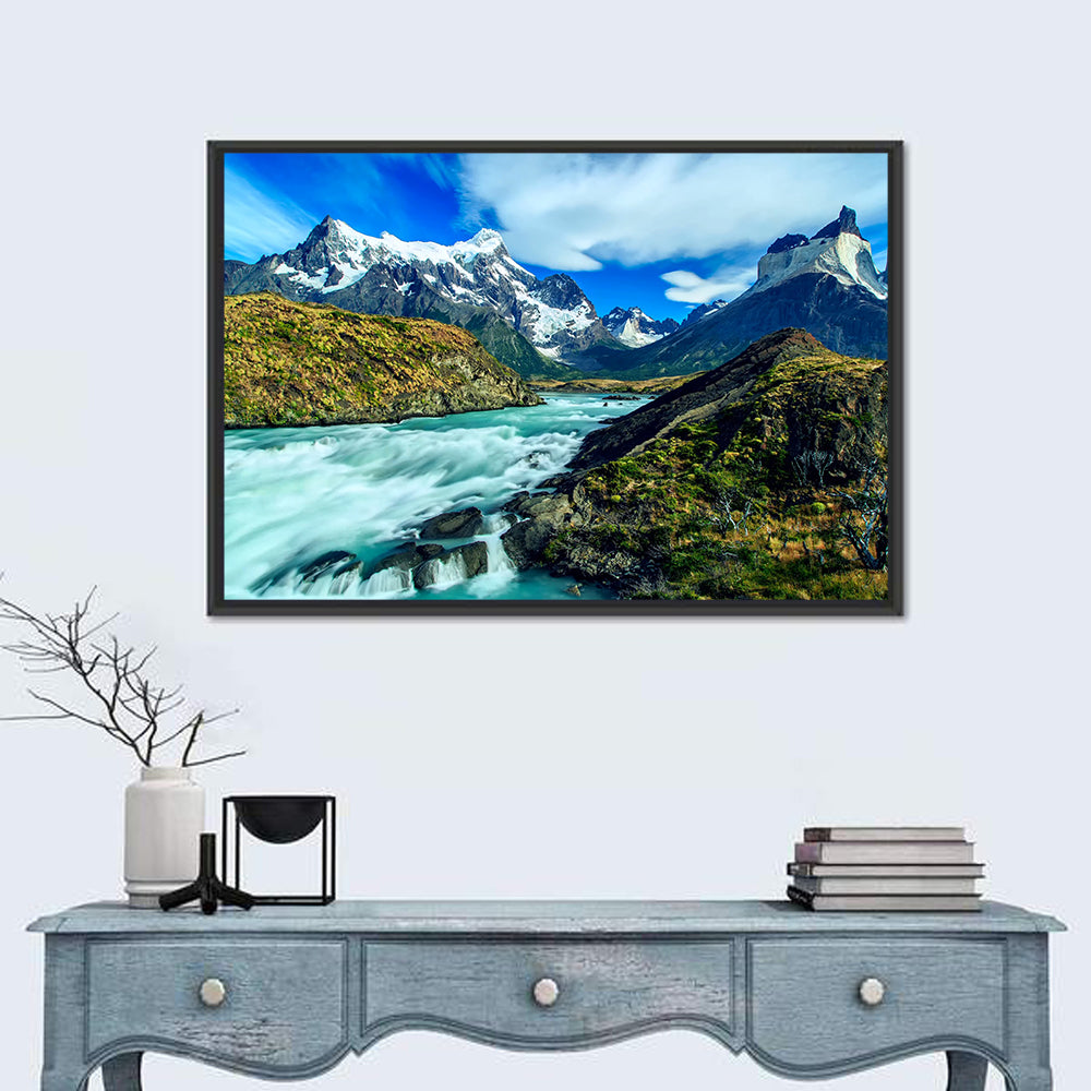 Torres Del Paine Glacier Stream Wall Art in a room, landscape
