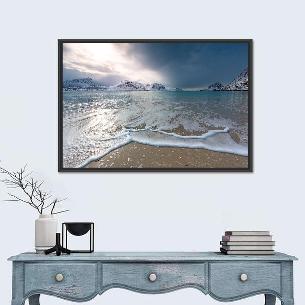 Haukland Beach Winter Light Wall Art in a room, landscape