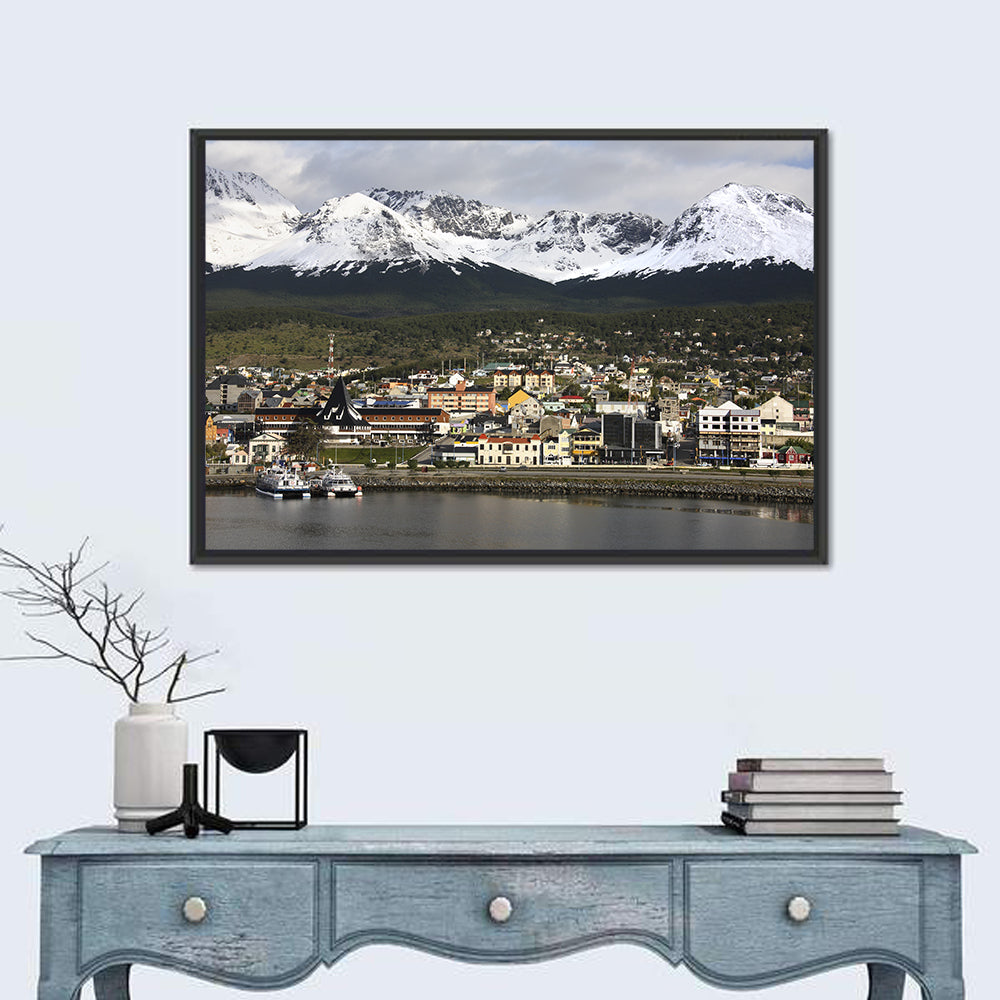 Ushuaia Harbor and Snowcapped Mountains Wall Art in a room, landscape