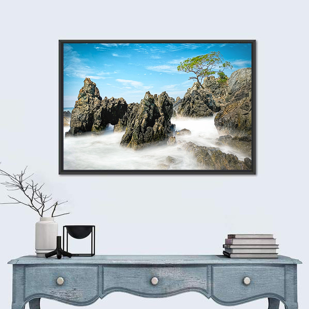 Karang Bebay Misty Shore Wall Art in a room, landscape