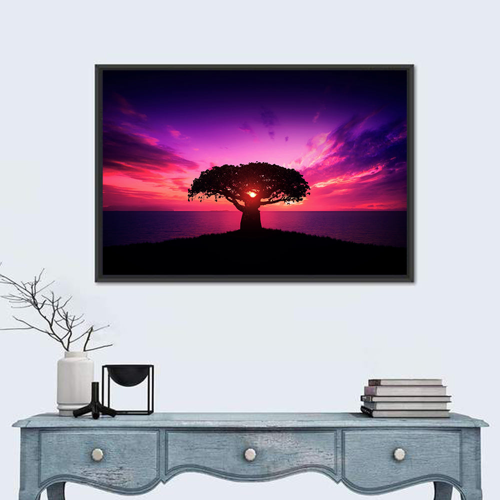 Baobab Sunset Silhouette Wall Art in a room, landscape
