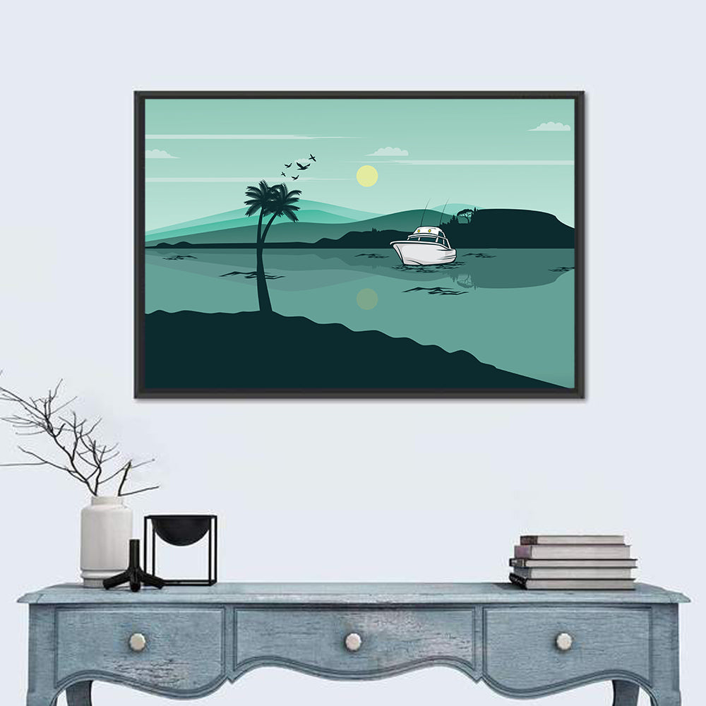 Teal Lake Boat with Palm Tree Wall Art in a room, landscape