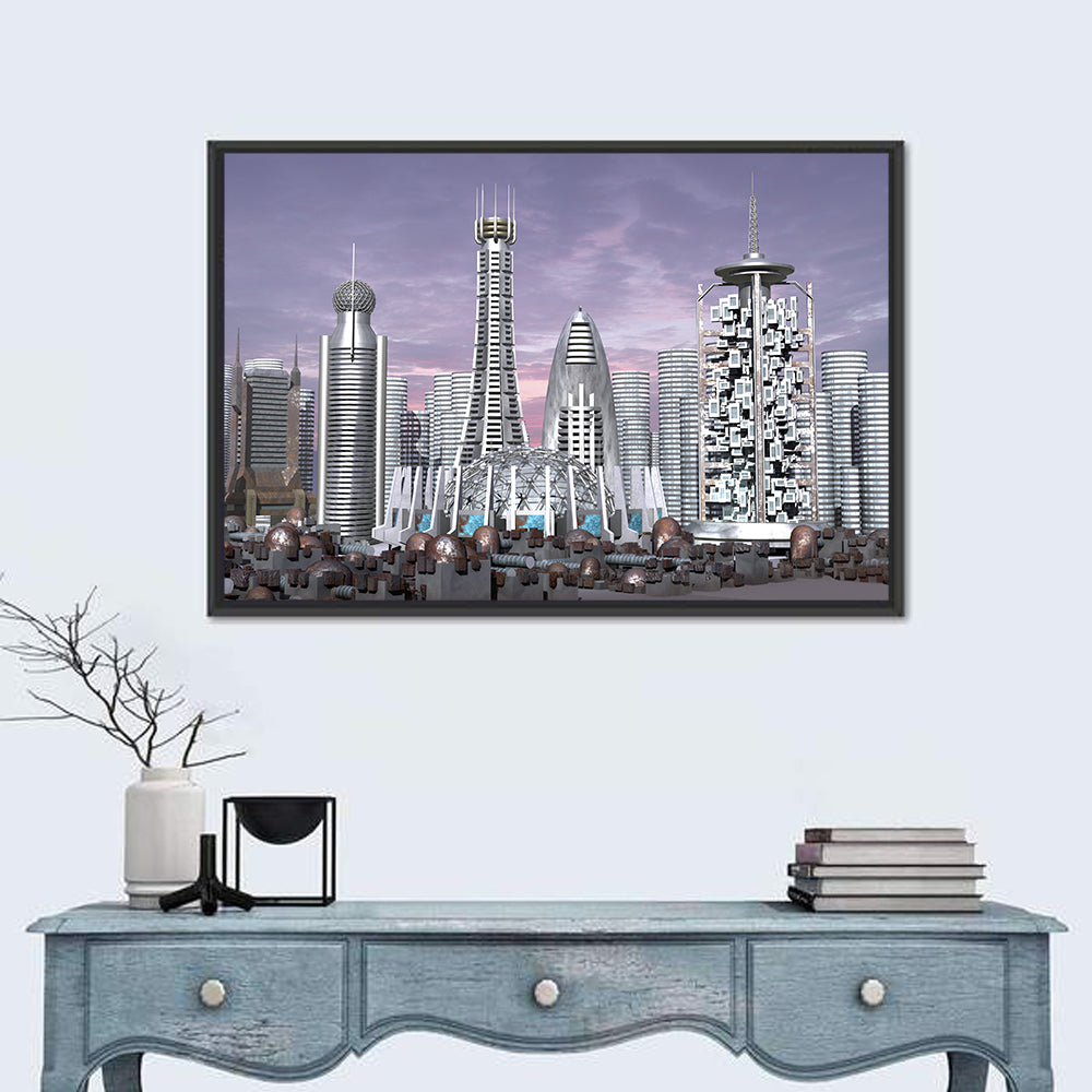 Purple Dusk Futuristic Cityscape Wall Art