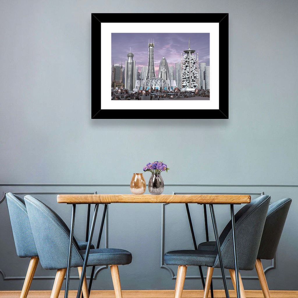 Purple Dusk Futuristic Cityscape Wall Art