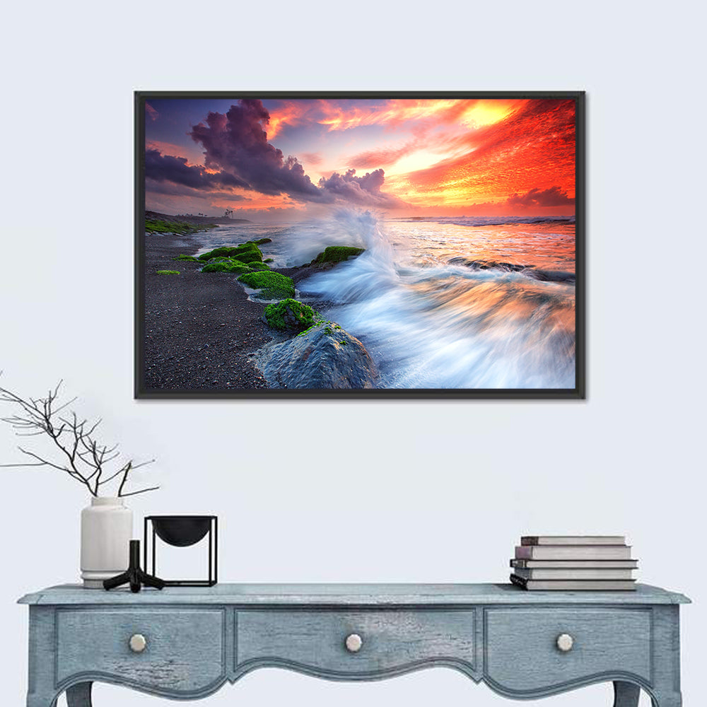 Ocean Waves Under Burning Sky Wall Art in a room, landscape