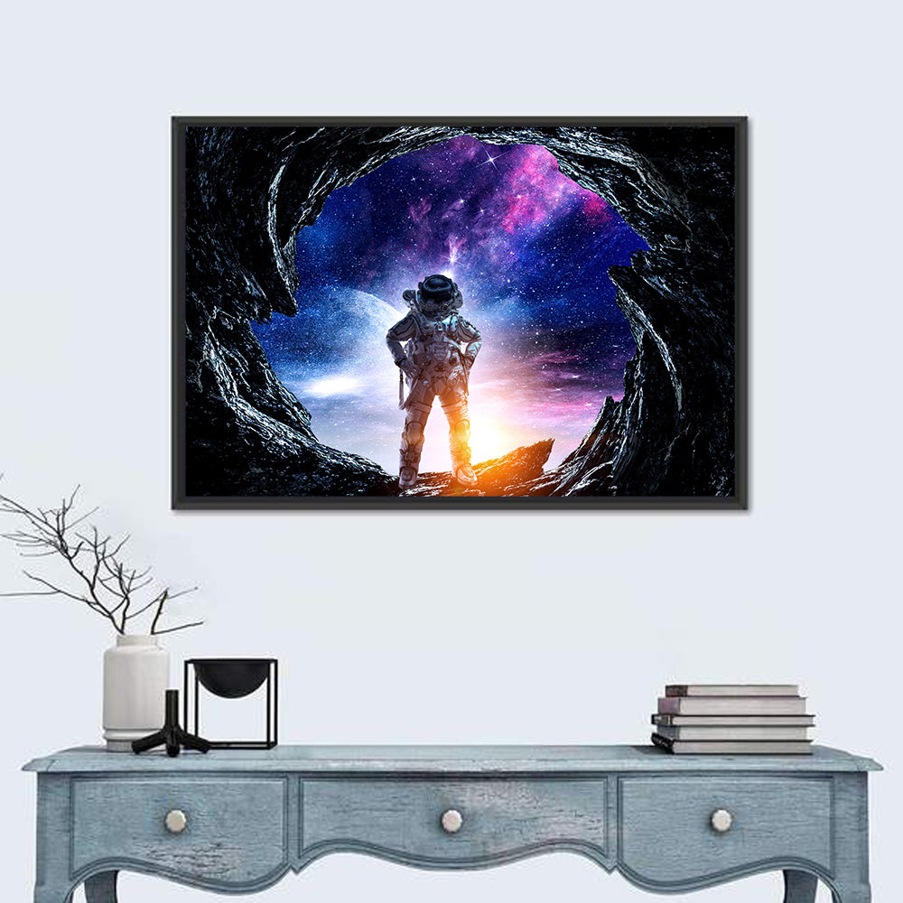 Astronaut at Alien Planet Cave Wall Art in a room, landscape