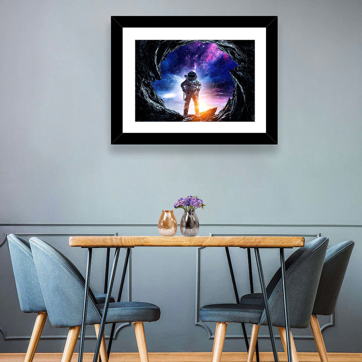 Astronaut at Alien Planet Cave Wall Art in a room, landscape