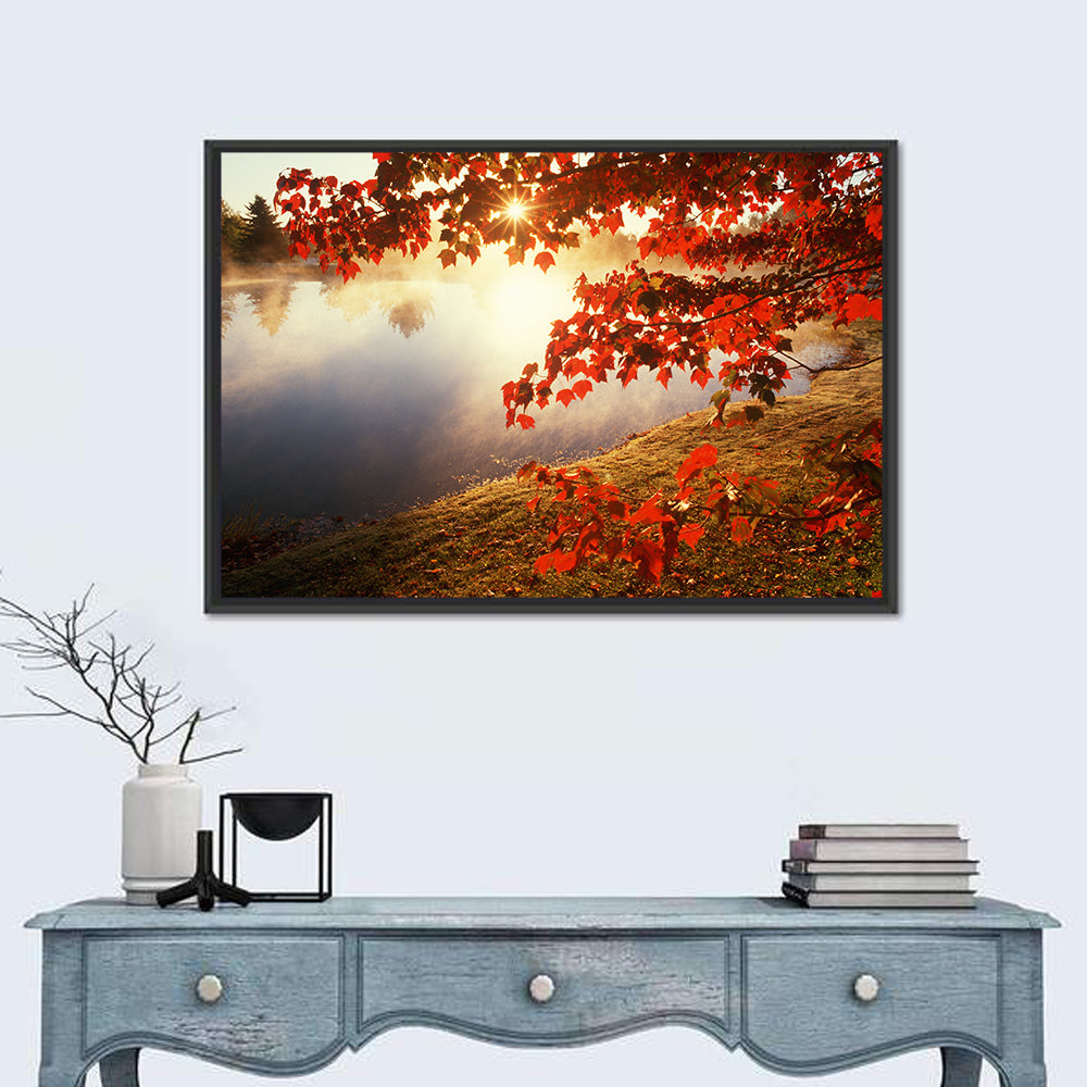 Autumn Pond Sunrise Connecticut Wall Art in a room, landscape