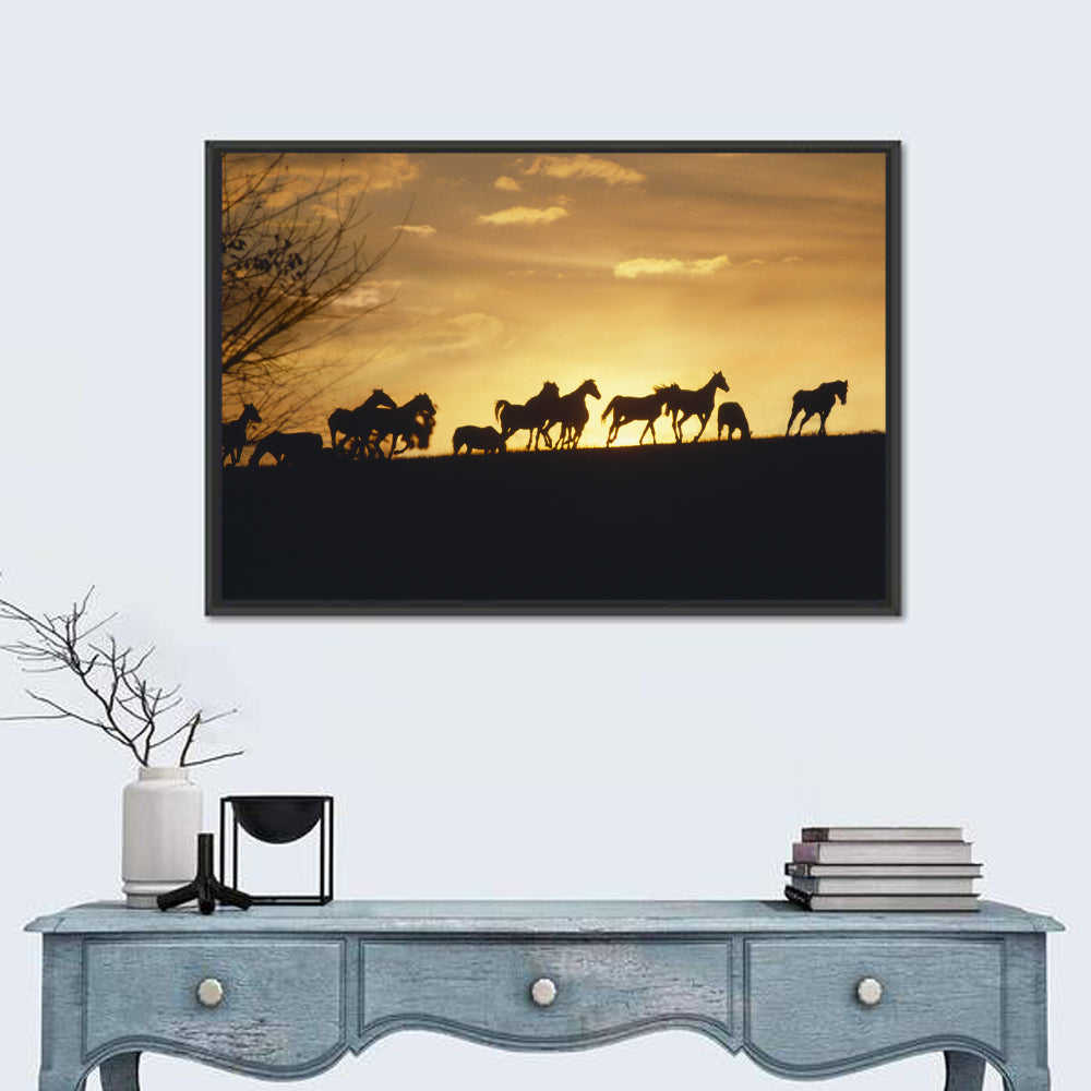 Mustang Silhouettes at Sunset Wall Art in a room, landscape